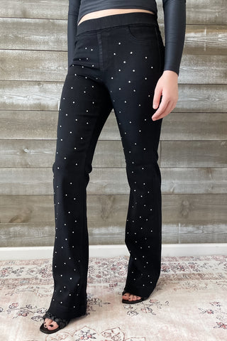 Cello Mid Rise Pull On Flare Jeans Rhinestone Embellishments AB35173blk-rh1