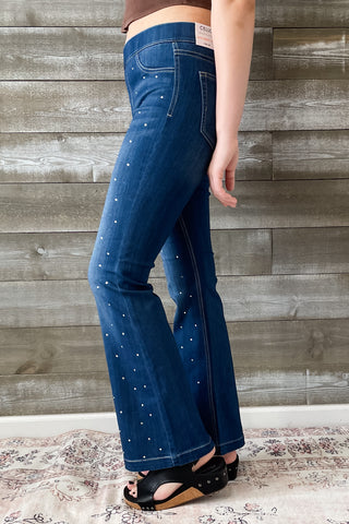 Cello Mid Rise Pull On Flare Jeans Rhinestone Embellishments AB35324DK-30rh1 petite