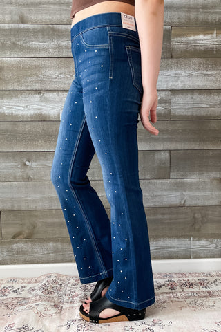 Cello Mid Rise Pull On Flare Jeans Rhinestone Embellishments AB35324DK-30rh1 petite