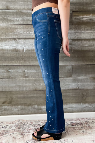 Cello Mid Rise Pull On Flare Jeans Rhinestone Embellishments AB35324DK-30rh1 petite