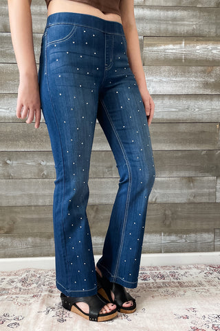 Cello Mid Rise Pull On Flare Jeans Rhinestone Embellishments AB35324DK-30rh1 petite