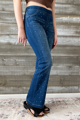 Cello Mid Rise Pull On Flare Jeans Rhinestone Embellishments AB35324DK-30rh1 petite