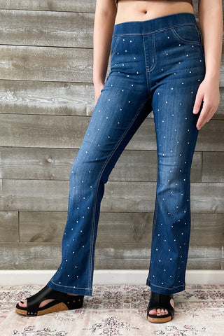 Cello Mid Rise Pull On Flare Jeans Rhinestone Embellishments AB35324DK-30rh1 petite