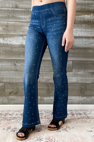 Cello Mid Rise Pull On Flare Jeans Rhinestone Embellishments AB35324DK-30rh1 petite