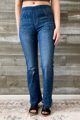 Cello Mid Rise Pull On Flare Jeans Rhinestone Embellishments AB35324DK-30rh1 petite