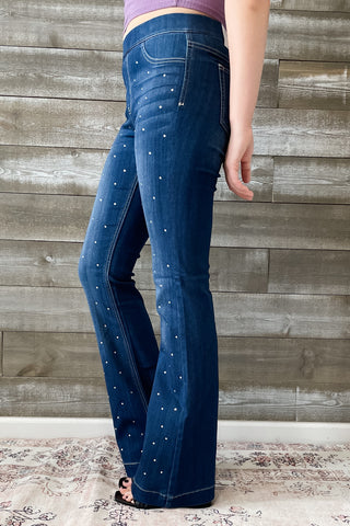 Cello Mid Rise Pull On Flare Jeans Rhinestone Embellishments AB35324DK-rh1