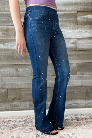 Cello Mid Rise Pull On Flare Jeans Rhinestone Embellishments AB35324DK-rh1