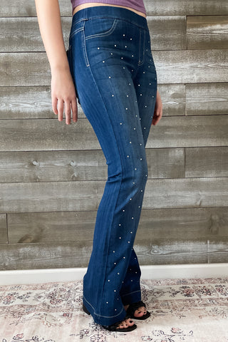 Cello Mid Rise Pull On Flare Jeans Rhinestone Embellishments AB35324DK-rh1