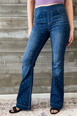 Cello Mid Rise Pull On Flare Jeans Rhinestone Embellishments AB35324DK-rh1