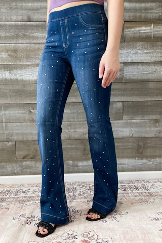 Cello Mid Rise Pull On Flare Jeans Rhinestone Embellishments AB35324DK-rh1