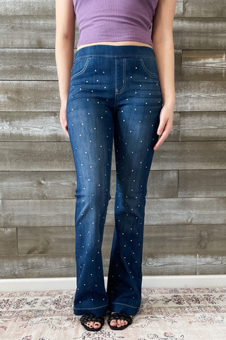 Cello Mid Rise Pull On Flare Jeans Rhinestone Embellishments AB35324DK-rh1