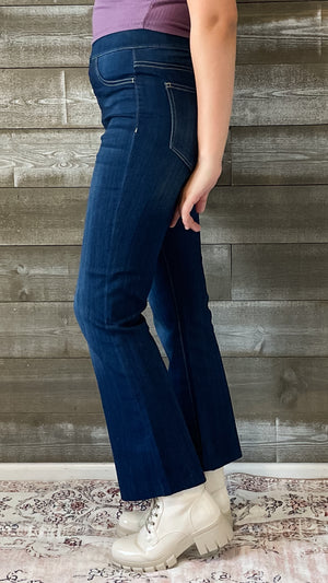 cello high rise pull on elastic waist crop flare jeans dark wash denim AB39360DK