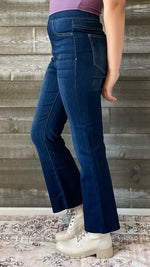 cello high rise pull on elastic waist crop flare jeans dark wash denim AB39360DK