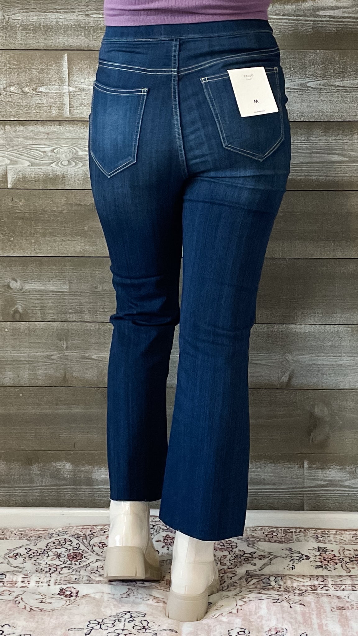 cello high rise pull on elastic waist crop flare jeans dark wash denim AB39360DK