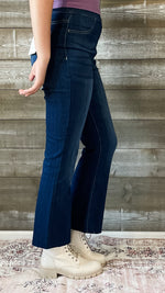 cello high rise pull on elastic waist crop flare jeans dark wash denim AB39360DK