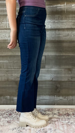 cello high rise pull on elastic waist crop flare jeans dark wash denim AB39360DK