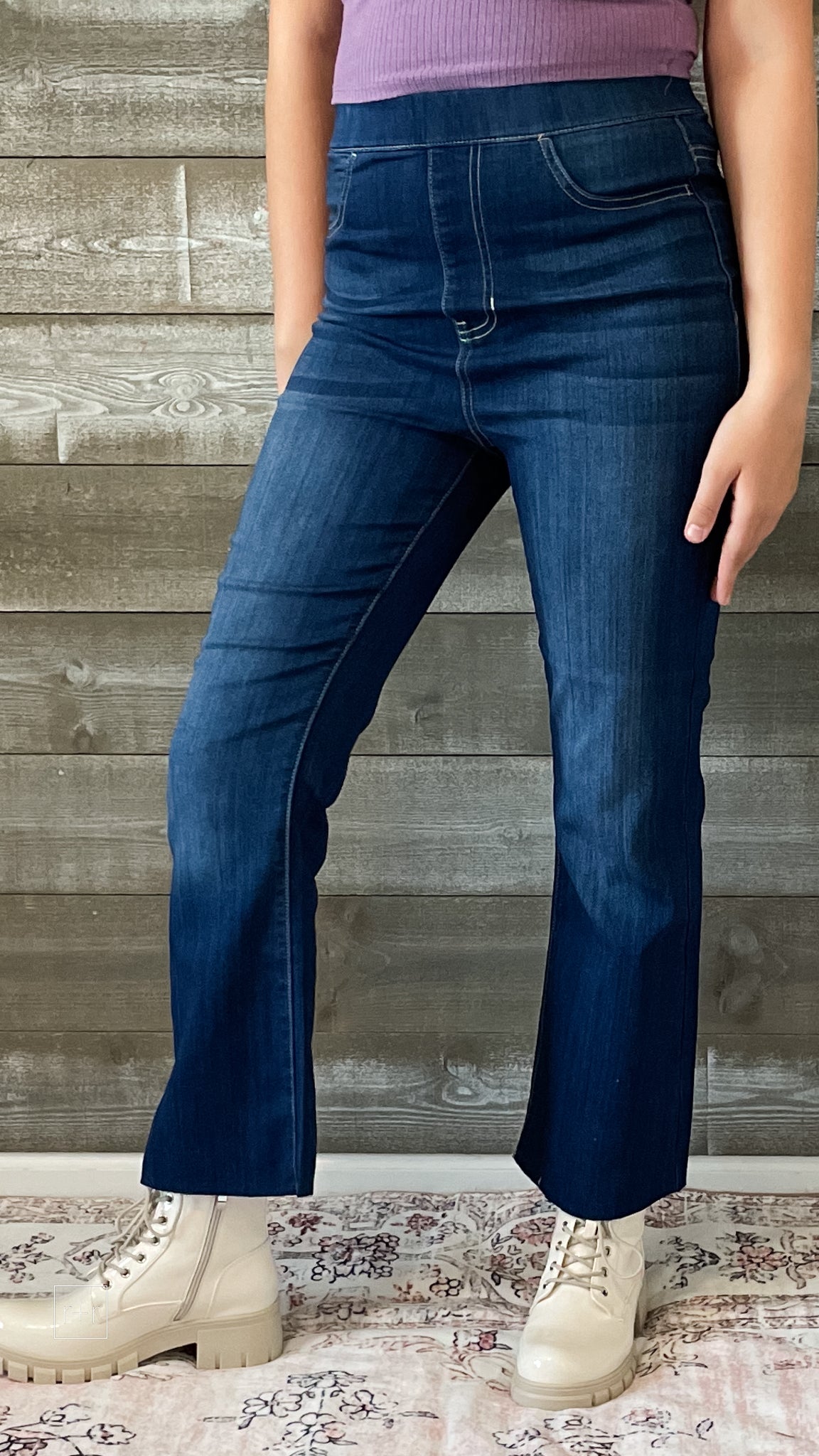 cello high rise pull on elastic waist crop flare jeans dark wash denim AB39360DK