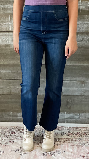 cello high rise pull on elastic waist crop flare jeans dark wash denim AB39360DK