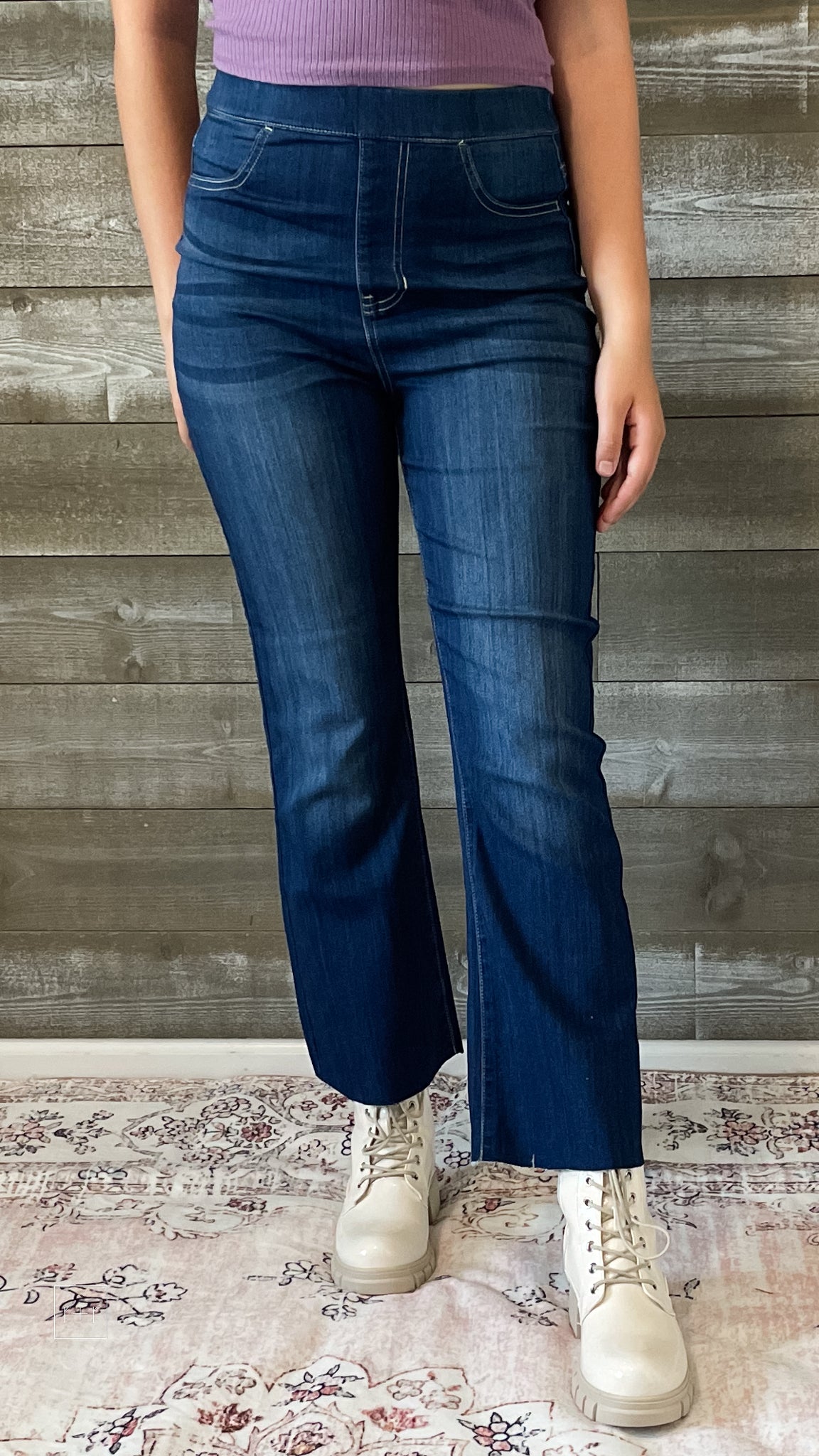 cello high rise pull on elastic waist crop flare jeans dark wash denim AB39360DK