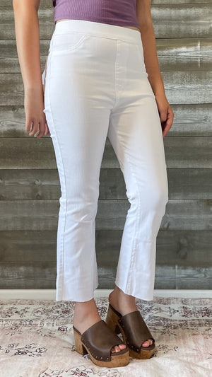 cello high rise pull on elastic waist crop flare jegging jeans white AB39367WHT