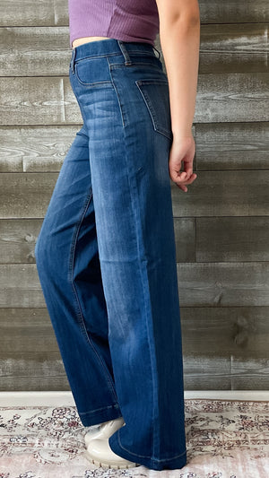 cello high rise pull on elastic waist wide leg jeans medium wash denim AB99338M