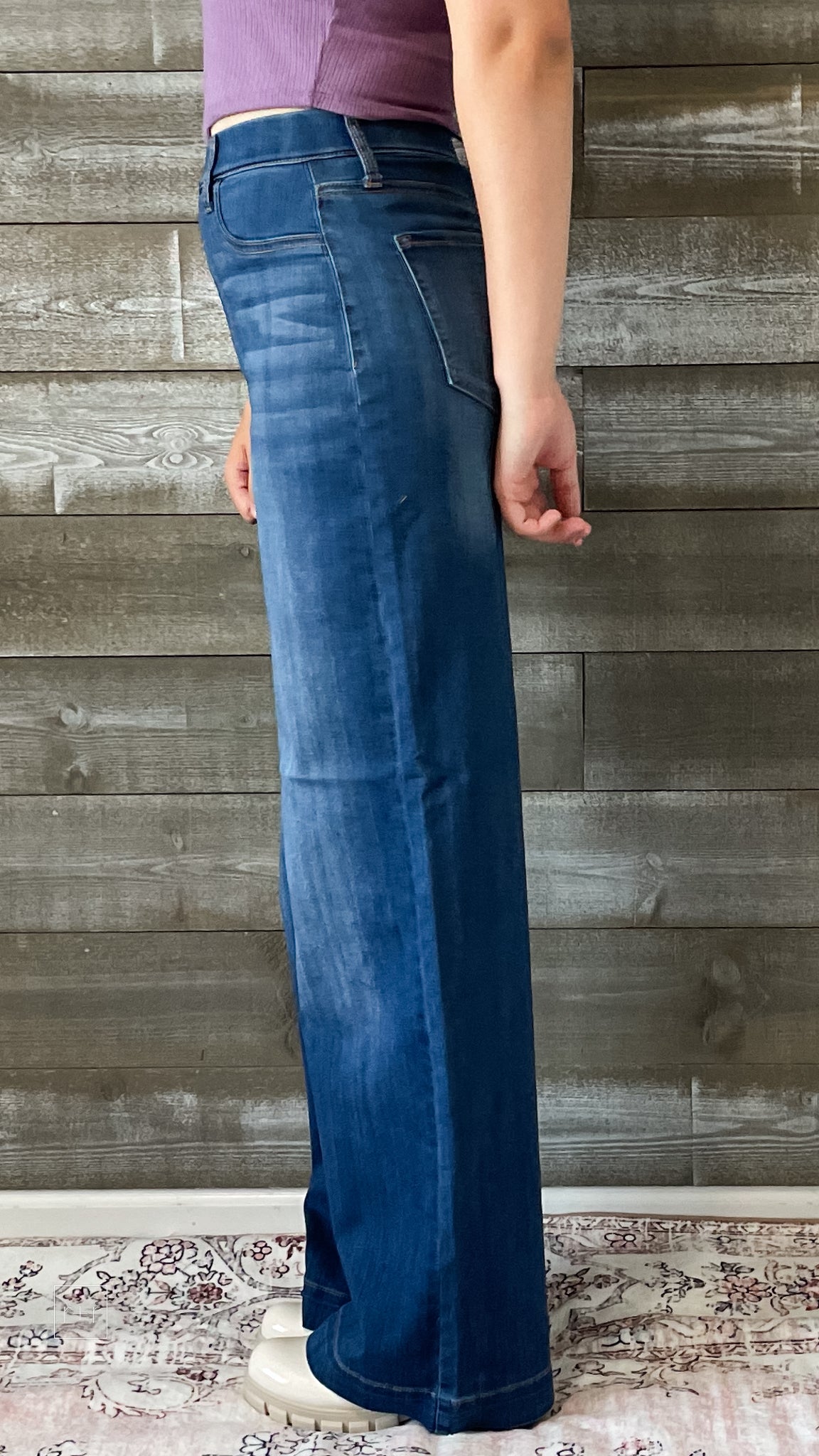 cello high rise pull on elastic waist wide leg jeans medium wash denim AB99338M