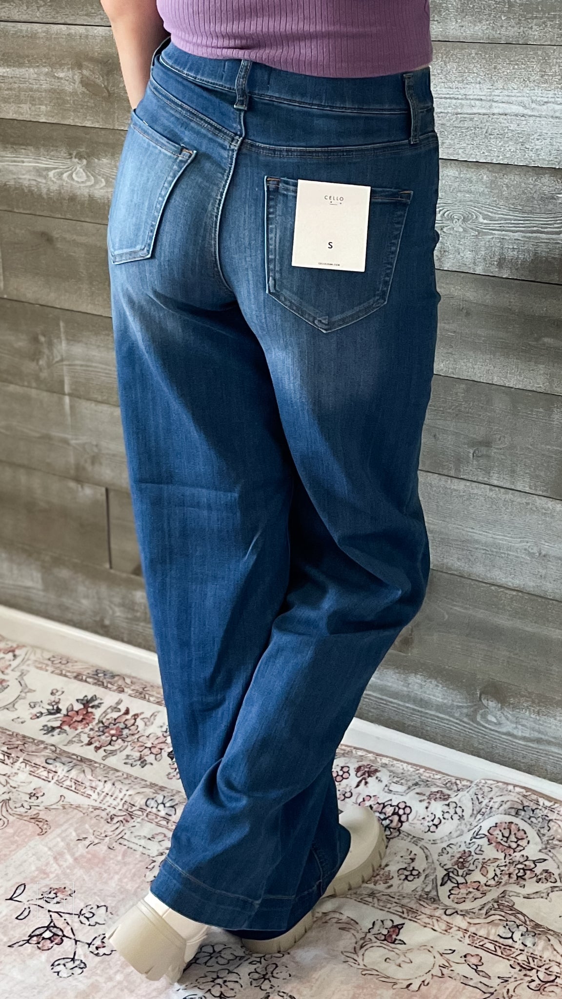 cello high rise pull on elastic waist wide leg jeans medium wash denim AB99338M