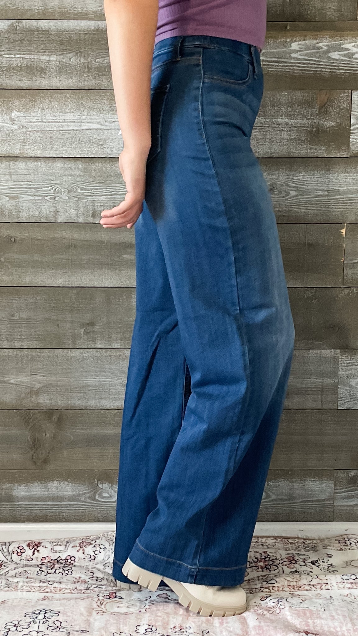 cello high rise pull on elastic waist wide leg jeans medium wash denim AB99338M