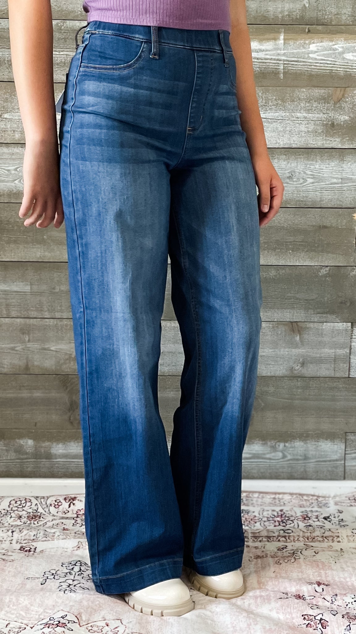 cello high rise pull on elastic waist wide leg jeans medium wash denim AB99338M