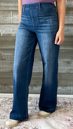 cello high rise pull on elastic waist wide leg jeans medium wash denim AB99338M