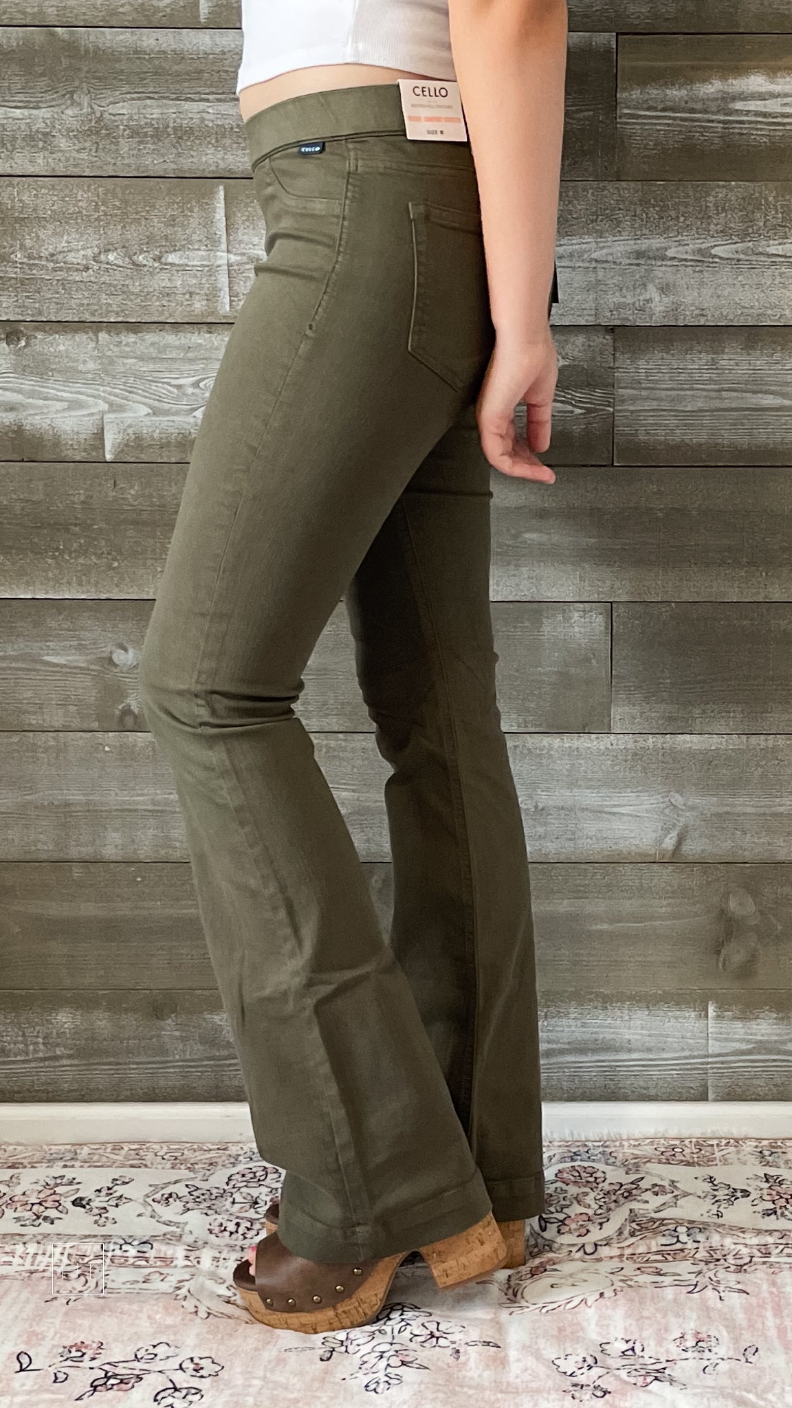 cello mid rise pull on jeans elastic waist flare jeggings military green AB35324 MIL