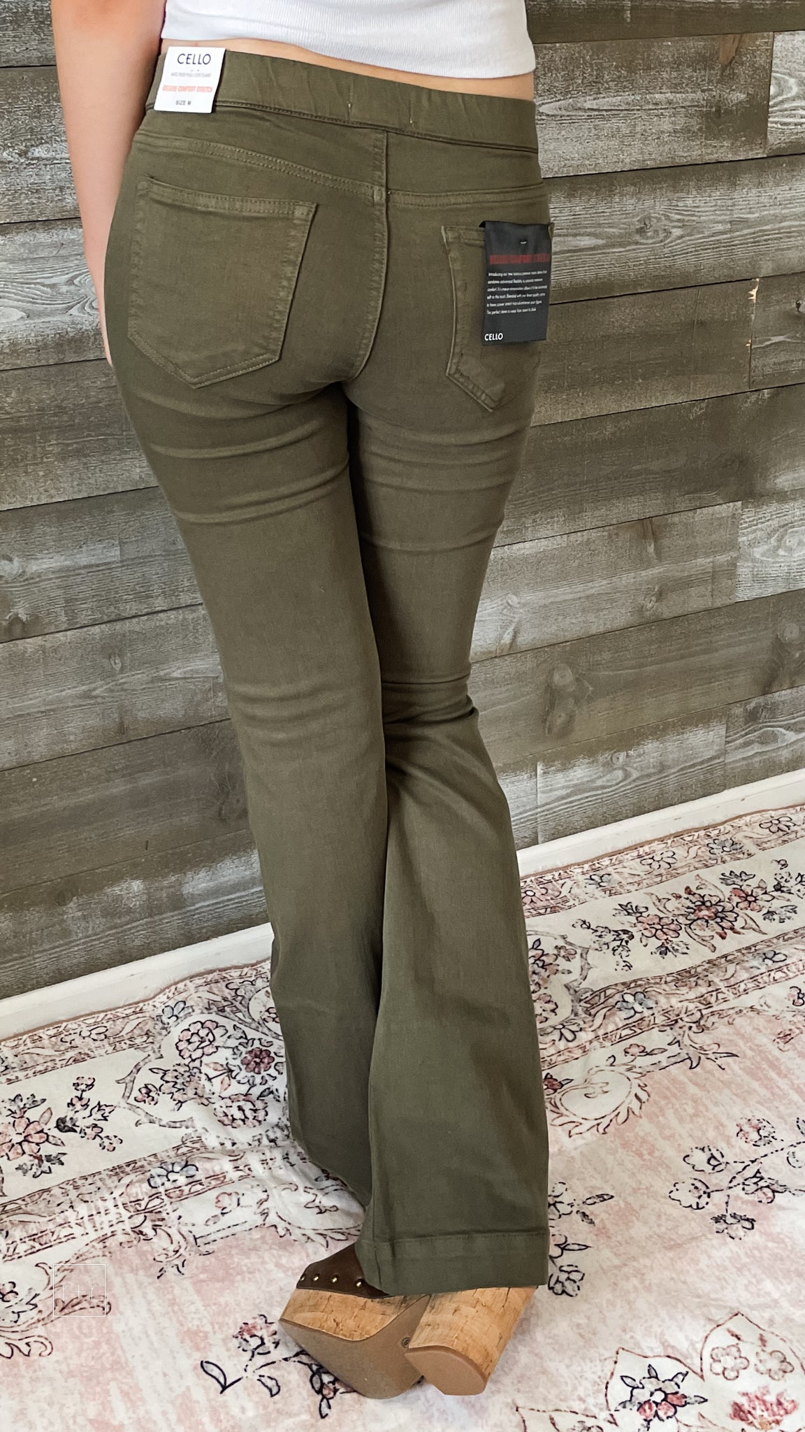 cello mid rise pull on jeans elastic waist flare jeggings military green AB35324 MIL