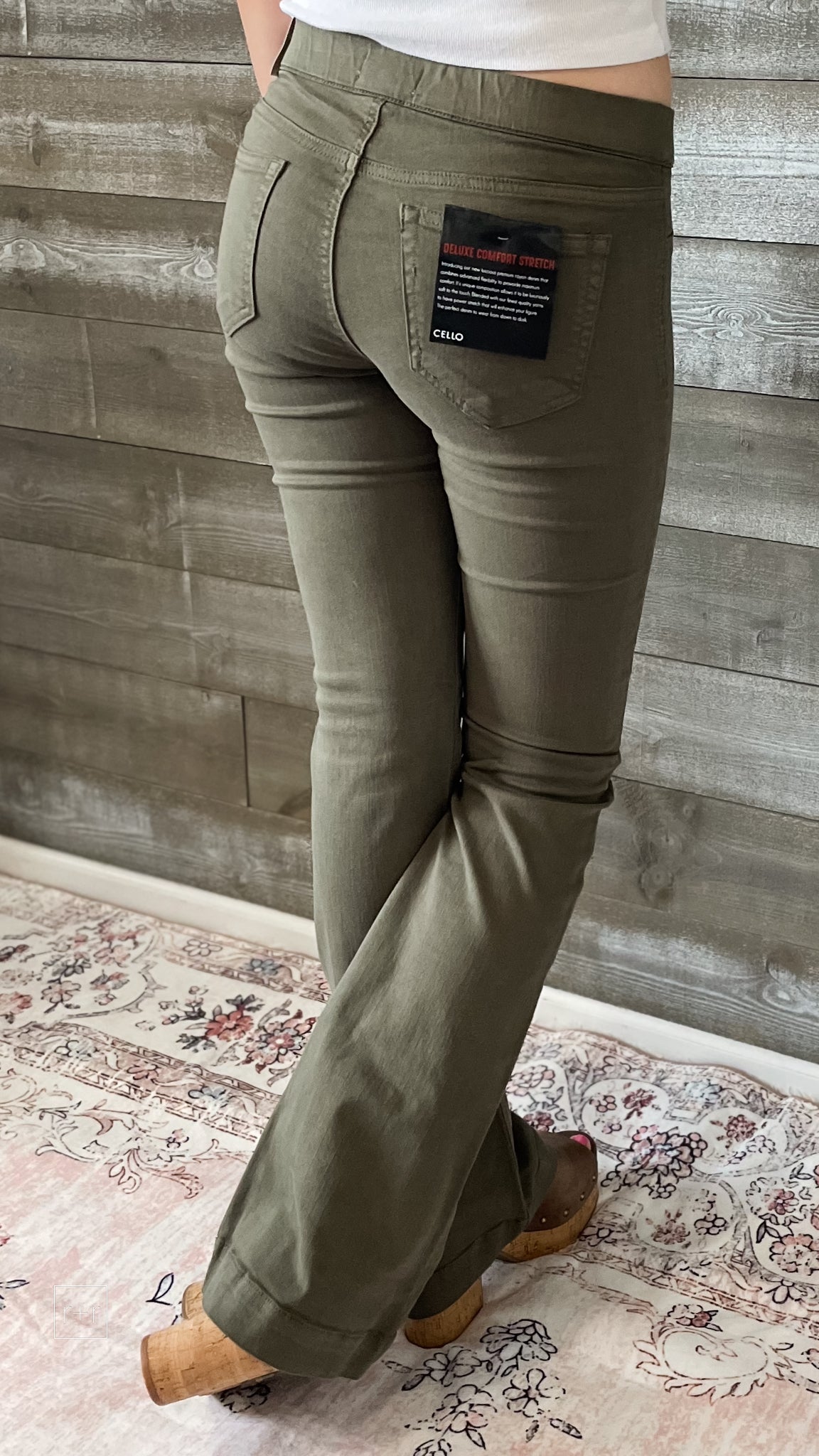 cello mid rise pull on jeans elastic waist flare jeggings military green AB35324 MIL