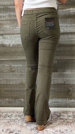 cello mid rise pull on jeans elastic waist flare jeggings military green AB35324 MIL