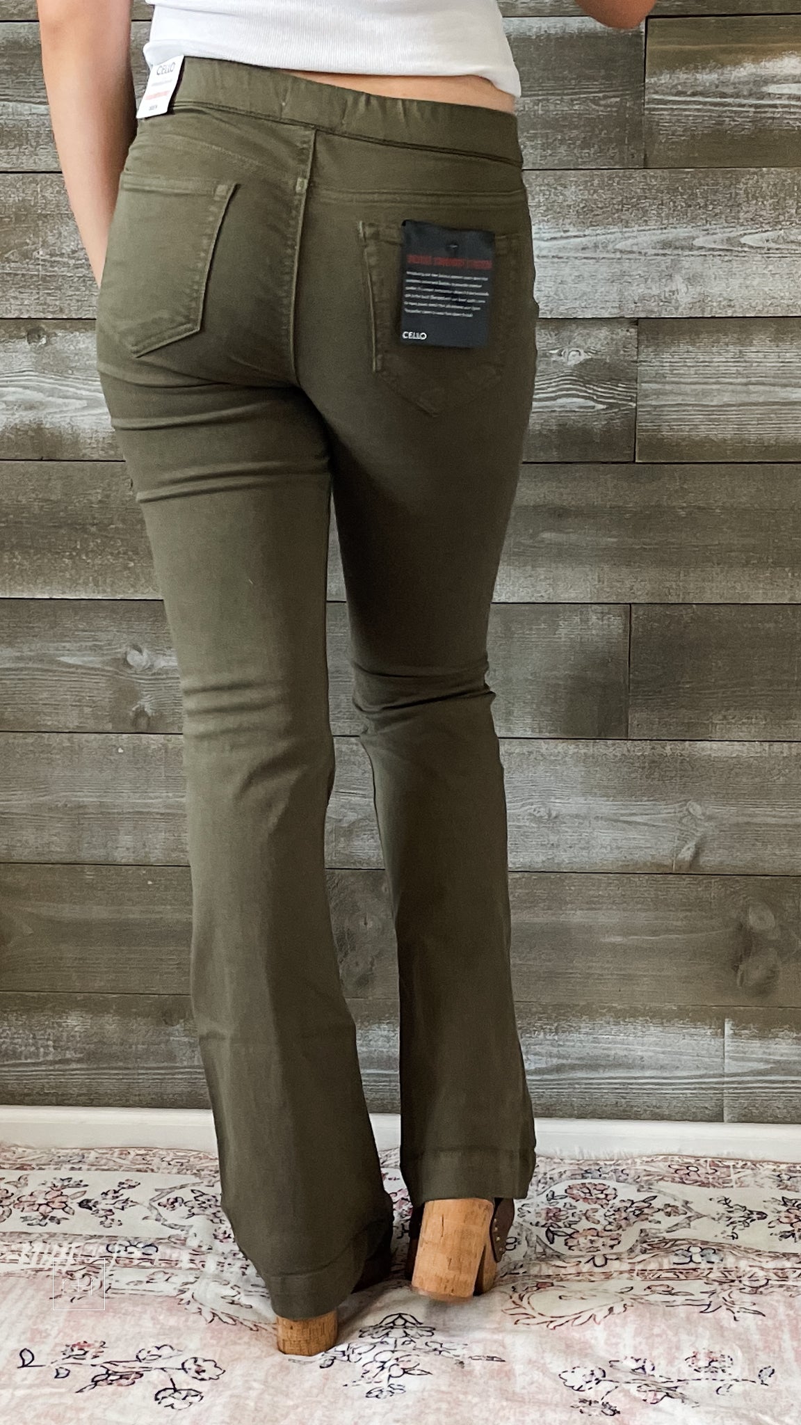 cello mid rise pull on jeans elastic waist flare jeggings military green AB35324 MIL