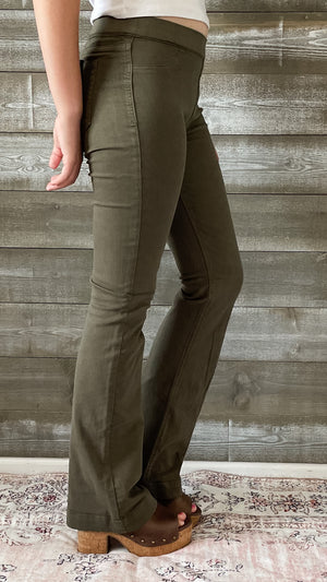 cello mid rise pull on jeans elastic waist flare jeggings military green AB35324 MIL