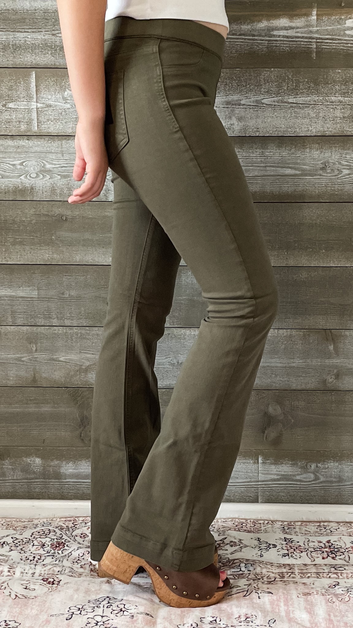 cello mid rise pull on jeans elastic waist flare jeggings military green AB35324 MIL