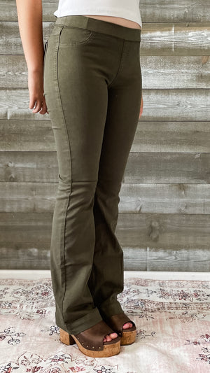 cello mid rise pull on jeans elastic waist flare jeggings military green AB35324 MIL