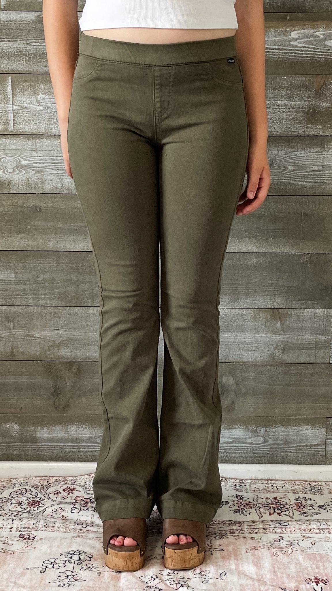 cello mid rise pull on jeans elastic waist flare jeggings military green AB35324 MIL