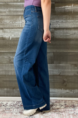 cello high rise pull on elastic waist wide leg jeans medium wash denim AB99338M