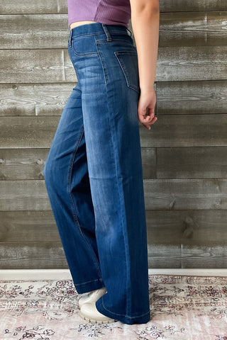 cello high rise pull on elastic waist wide leg jeans medium wash denim AB99338M