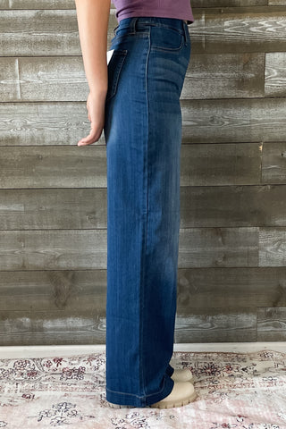 cello high rise pull on elastic waist wide leg jeans medium wash denim AB99338M