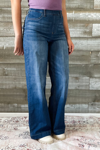 cello high rise pull on elastic waist wide leg jeans medium wash denim AB99338M