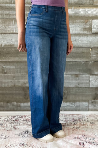 cello high rise pull on elastic waist wide leg jeans medium wash denim AB99338M