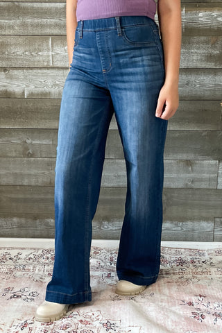 cello high rise pull on elastic waist wide leg jeans medium wash denim AB99338M