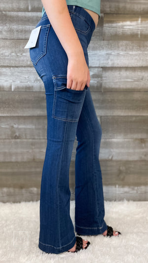 cello pull on flare jegging cargo pocket jeans in dark wash AB39077DK –  rivers & roads boutique