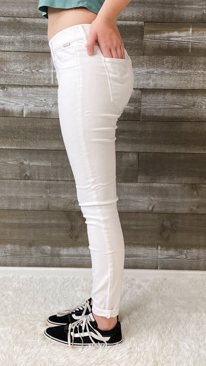 cello jeans pull on skinny crop mid rise jeans with rolled hem in white AB76674WHT