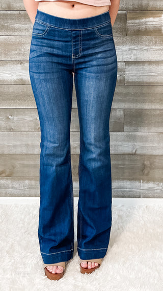 cello jeans mid rise pull on flare jegging in dark wash AB35324DK