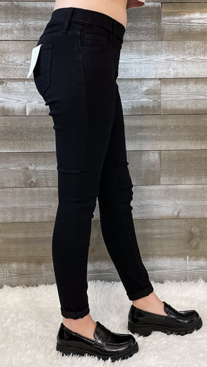cello jeans pull on skinny crop mid rise jeans with rolled hem in black AB76535BLK