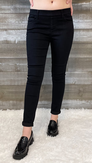 cello jeans pull on skinny crop mid rise jeans with rolled hem in black AB76535BLK